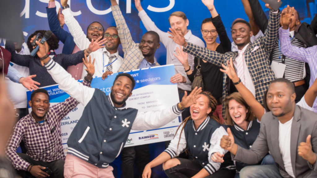 Featured image: Labes Key team celebrating their Seedstars Kinshasa win with the Seedstars World team and other attendees on Friday 21 September in Kinshasa (Supplied)