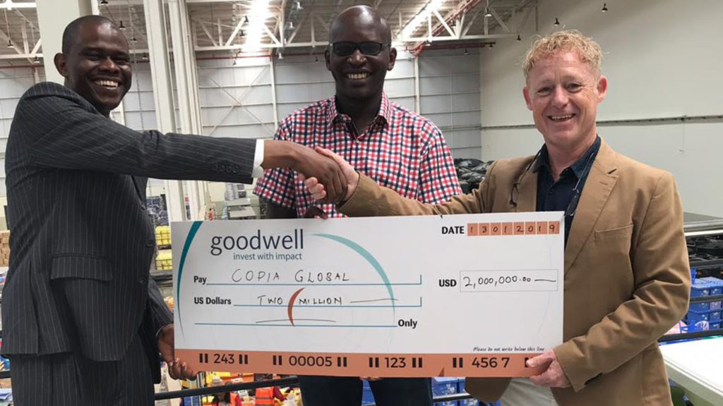 Featured image, left to right: Goodwell Investment senior investment manager Joel Wanjohi, Copia CFO Dominic Dimba, and Copia CEO Tim Steel (Supplied)