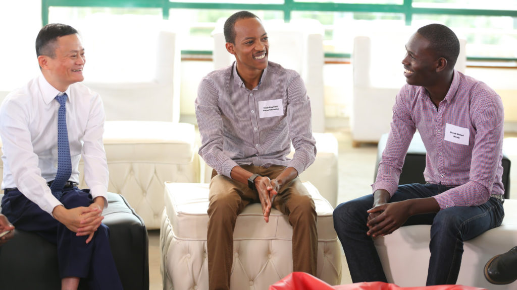 Featured image, left to right: Alibaba Group Chairman Jack Ma speaks with Eneza Education co-founder Kago Kagichiri and Herdy CEO Derrick Muturi at Nailab during his maiden visit to Africa last year.