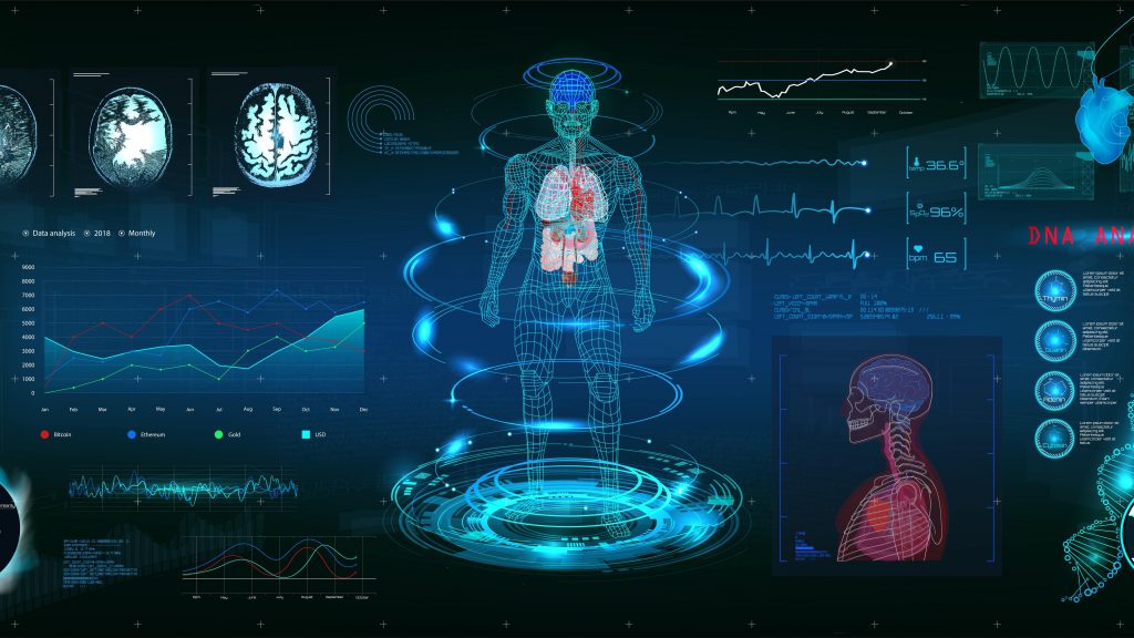 stylised healthtech image: MRT futuristic scanning in HUD style design, Human body, organs and brain scan with pictures. Hi-tech elements. Virtual graphic touch HUD UI with illustration of DNA formula, cardiogram and data chart