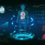 stylised healthtech image: MRT futuristic scanning in HUD style design, Human body, organs and brain scan with pictures. Hi-tech elements. Virtual graphic touch HUD UI with illustration of DNA formula, cardiogram and data chart