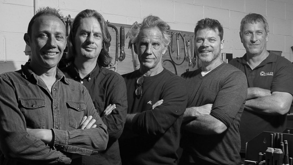 Meet the legends behind the technology start-up FlyH2. From the left are co-founder Mark van Wyk, chief engineer René Heise, fabricator David Stubbs, co-founder Onno Huyser and machinist David Gouws. Photo: Supplied/Ventureburn