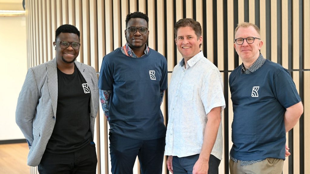 Pictured from the left are Kora chief operating officer Gideon Orovwiroro, product manager Tofunmi Soyemi, head of business Cliff Denett, and Tracey Davenport, the sector lead for the BPFS West Midlands Growth Company. Photo: Supplied/Ventureburn