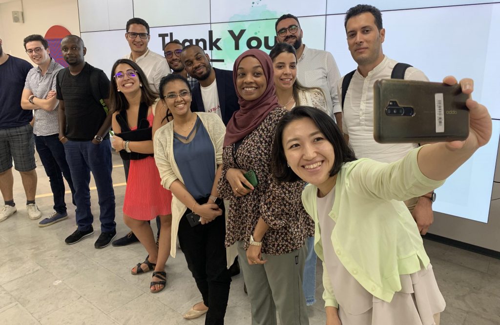 Tech development specialist Fumi Aoki takes a selfie with some of the entrepreneurs on the first day of the AfricArena Founders' Bootcamp in Tunis, Tunisia. Photo: Kobus Louwrens, Ventureburn
