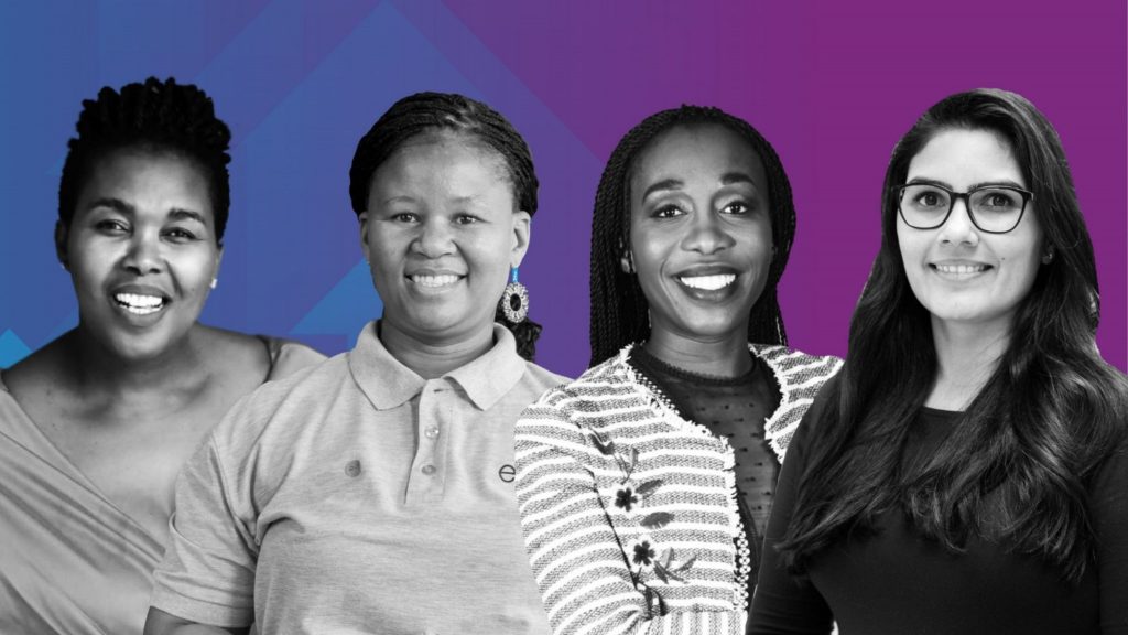 Celebrating GrindstoneX, an all-women accelerator from Grindstone and Naspers Labs, are Mamela Luthuli from Take Note IT, Simangele Mphahlele from Ejoobi, Zanele Matome from Welo Health, and Nikita Scott from On The Bench. Photo: Supplied/Ventureburn