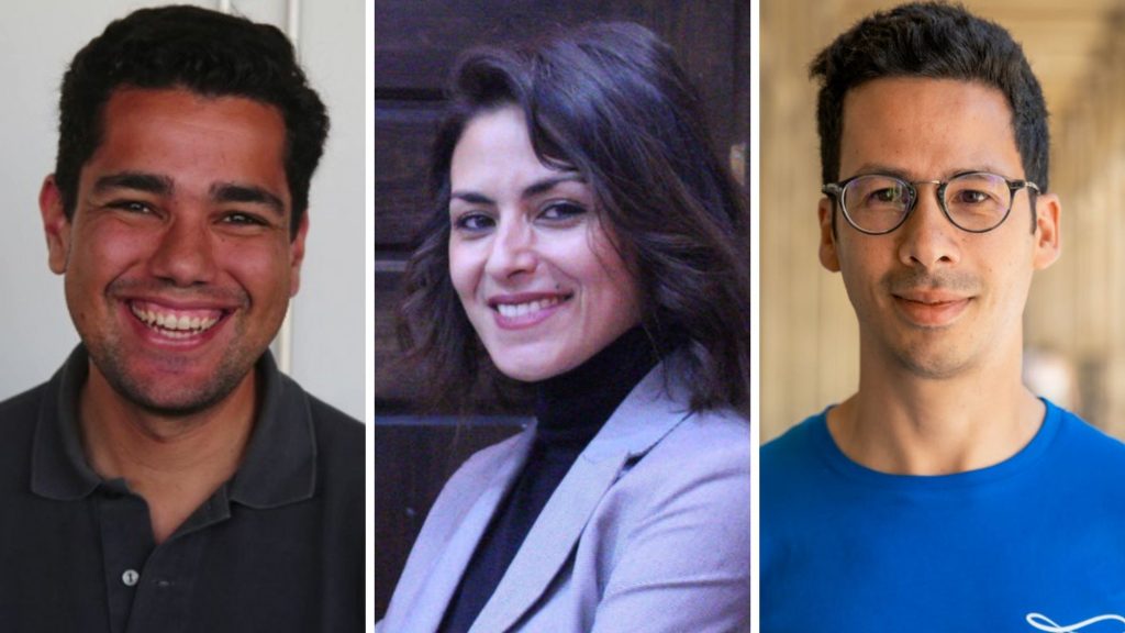 Pictured from the left are AfricArena North Africa start-up winners Ismail Bargach from WafR in Morocco, Dr Kheira Nawel Benaissa from Green AI in Algeria, and Iheb Triki from Kumulus Water in Tunisia. Photos: Supplied/Ventureburn