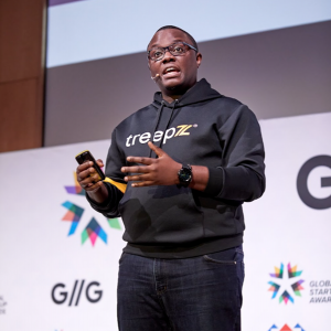 Onyeka Akumah, co-founder and CEO of Treepz, pitching at the 2022 GSA Africa Awards and eventually winning Africa’s Best IndustrialTech Award before securing investment from the organisers GIIG Africa Fund. Photo: Supplied/Ventureburn