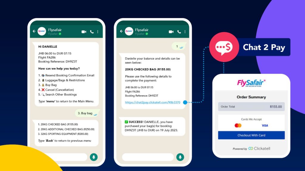 Clickatell, a global chat commerce and mobile messaging leader, confirms that it went live with its Chat 2 Pay feature on WhatsApp on FlySafair. Photo: Supplied/Ventureburn