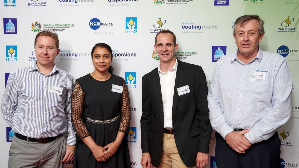 Collaboration drives growth, believes Trevor I’Ons (NCS), Pensilla Billat (SAPREF), Rudi van Niekerk (H&R Africa) and Daniel Souchon (NCS), participants of the Durban Chemicals Cluster Business Accelerator. Photo: Supplied