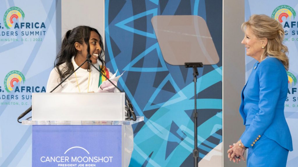Kalkidan Tadesse from Happy Pads (third cohort) speaking alongside the United States First Lady, Jill Biden, at the US Africa Leaders Summit at the Kennedy Centre in Washington, DC, last year. Happy Pads is an Ethiopian-based start-up safe and plastic-free biodegrable sanitary pads for women. Photo: Supplied