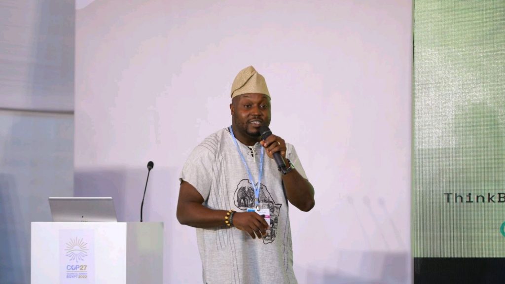 Tolulope Olukokun from ThinkBikes pitching at Cop27 in Sharm El-Sheikh in Egypt last year. ThinkBikes is a Nigerian based company and member of OceanHub Africa’s third cohort manufacturing last mile transporation solutions for small-scale fishers and waste pickers. Photo: Supplied