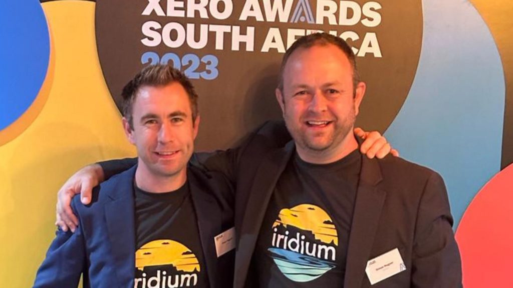 Peter Magner and Simon Magner celebrating Iridium Business Solutions’ Partner of the Year award at the Xero Awards South Africa 2023. Photo: Supplied