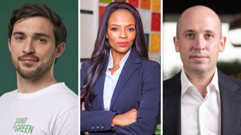 Innovative minds unite at the AfricArena Nairobi Summit: Benjamin Rombaut, co-founder of Sand to Green; Matsi Modise, visionary CEO and founder of Furaha Afrika Holdings; and Sebastian Rogers, driving force as Africa regional head at Lendable. Photos: Supplied
