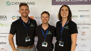 Hein Duvenhage, co-founder and CEO, Reece Dell, co-founder and CTO/CFO, and Engela Smit, co-horticulturist and marketing manager of Arable Grow, celebrate their victory at the AfricArena Nairobi Summit and Africa Climate Tech Festival held in Kenya. Photo: Supplied