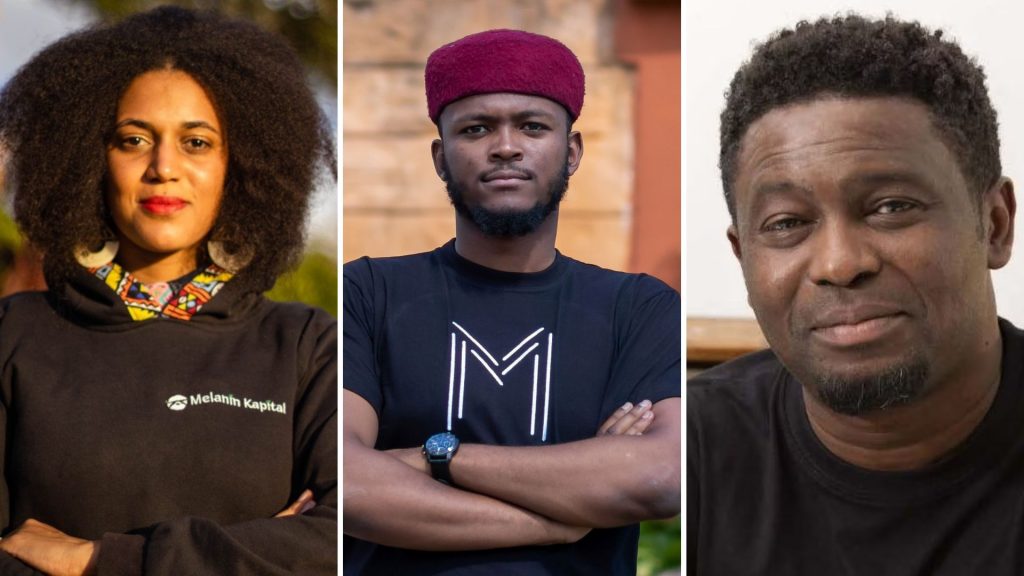Melanin Kapital founder Melanie Keita, Mazi Mobility co-founder and CEO Jesse Forrester, and Koolboks founder Ayoola Dominic celebrate their victories at an awards ceremony following the AfricArena Nairobi Summit and Africa Climate Tech Festival. Photos: Supplied