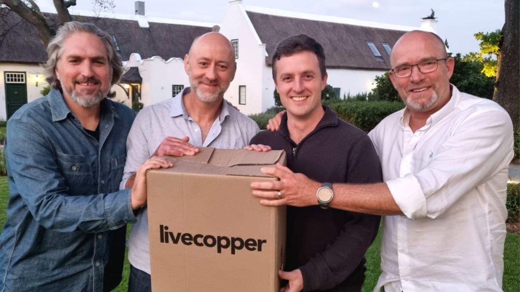 Key players unite: Shane Dryden (Moa), Alf Allingham (Livecopper), Andrew Smith (Moa), and Andrew Davies (Livecopper) at the Livecopper investment announcement. Photo: Supplied