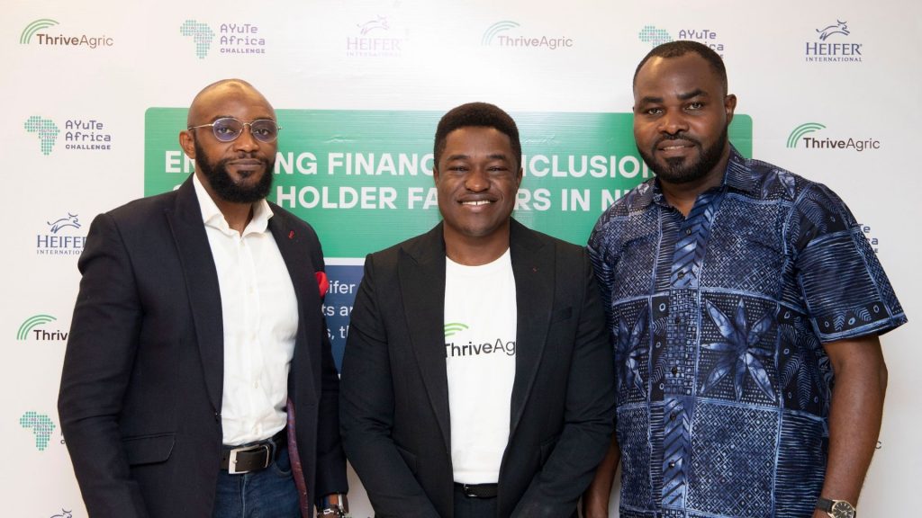 Ayodeji Alabi, fintech lead at Visa Inc. West Africa; Ayodeji Arikawe, co-founder of ThriveAgric; and Rufus Idris, country director of Heifer International, at the launch event of the AYuTe Project in Abuja, Nigeria. Photo: Supplied
