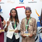 Meet the awardees of the second edition of the Africa Young Innovators for Health Awards: Teniola Aderonke Adedeji (Pharmarun), Nura Izath (Neosave Technologies), Muhammad Abdullahi (Trash 4 Health Innovation), and Sheeba Niwensiima. Photo: Supplied/Kabada